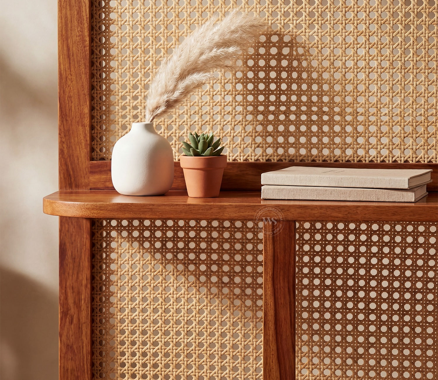 Aakruti Arch Sheesham Wood Single Panel Room Divider with Cane Weave & Open Shelf - Freestanding Partition Screen