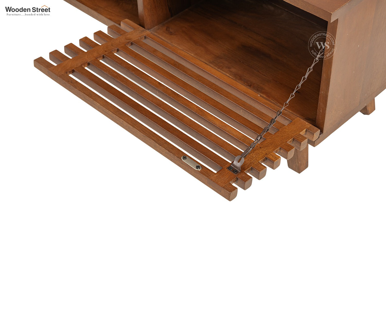 Axcel Mango Wood TV Unit with Pull-Down Drawer & Open Shelves (Teak Finish)