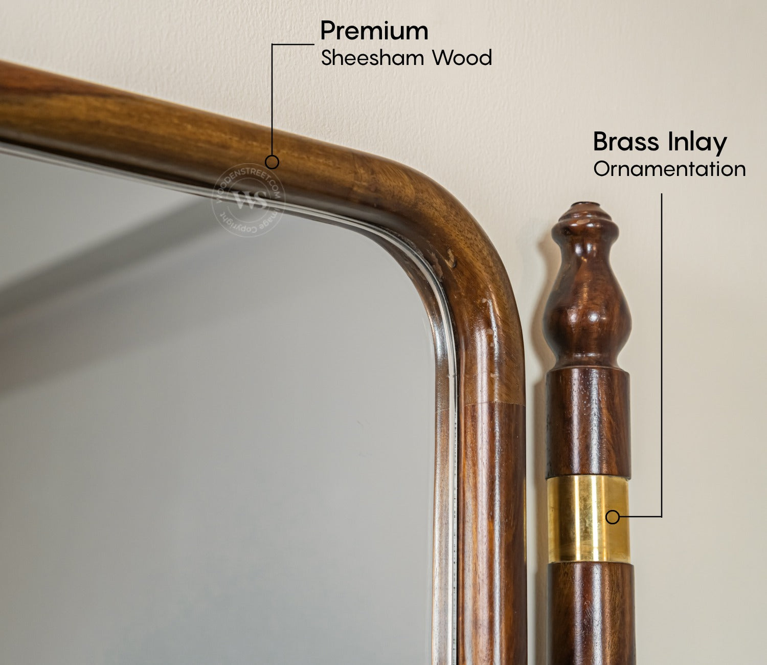 Skyler Antique Sheesham Wood Full Length Mirror With Brass Design (Walnut Finish)