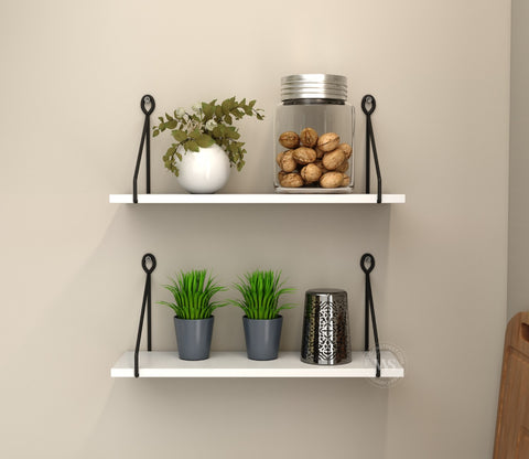 Luna Hanging Wall Shelf, Metallic Black & White Combination Wall Mounted Shelves for Living Room/Bedroom - Set of 2 (Frosty White)