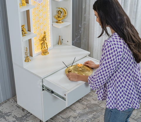 Vidyut Engineered Wood Home Temple With Inbuilt LED Light System (White Finish)