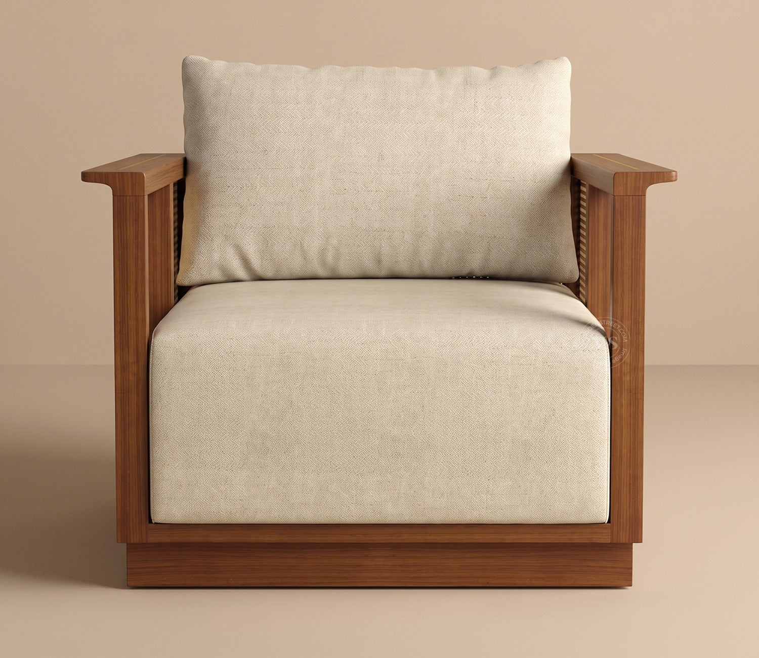 Varnik 3+1+1 Ash Wood Sofa Set with Cane Accents (Teak Finish, Cottage Ivory)