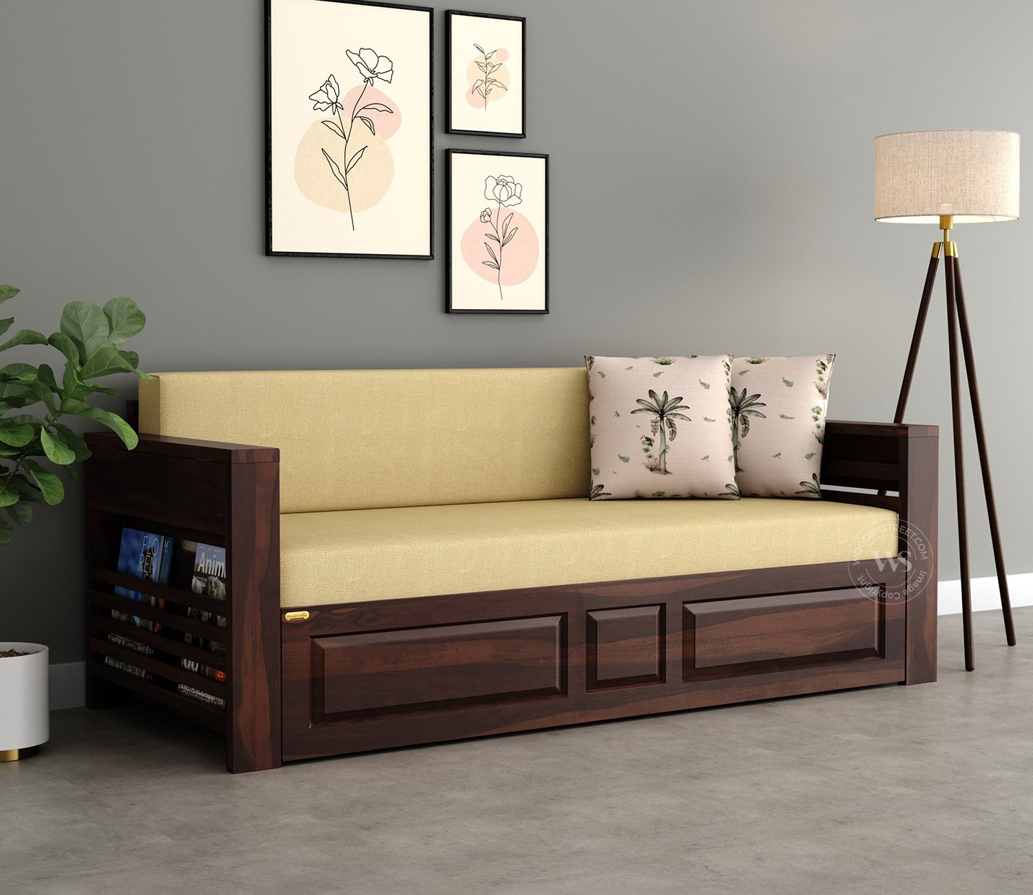 Feltro Sheesham Wood Sofa Bed With Storage (Queen Size, Walnut Irish Cream)