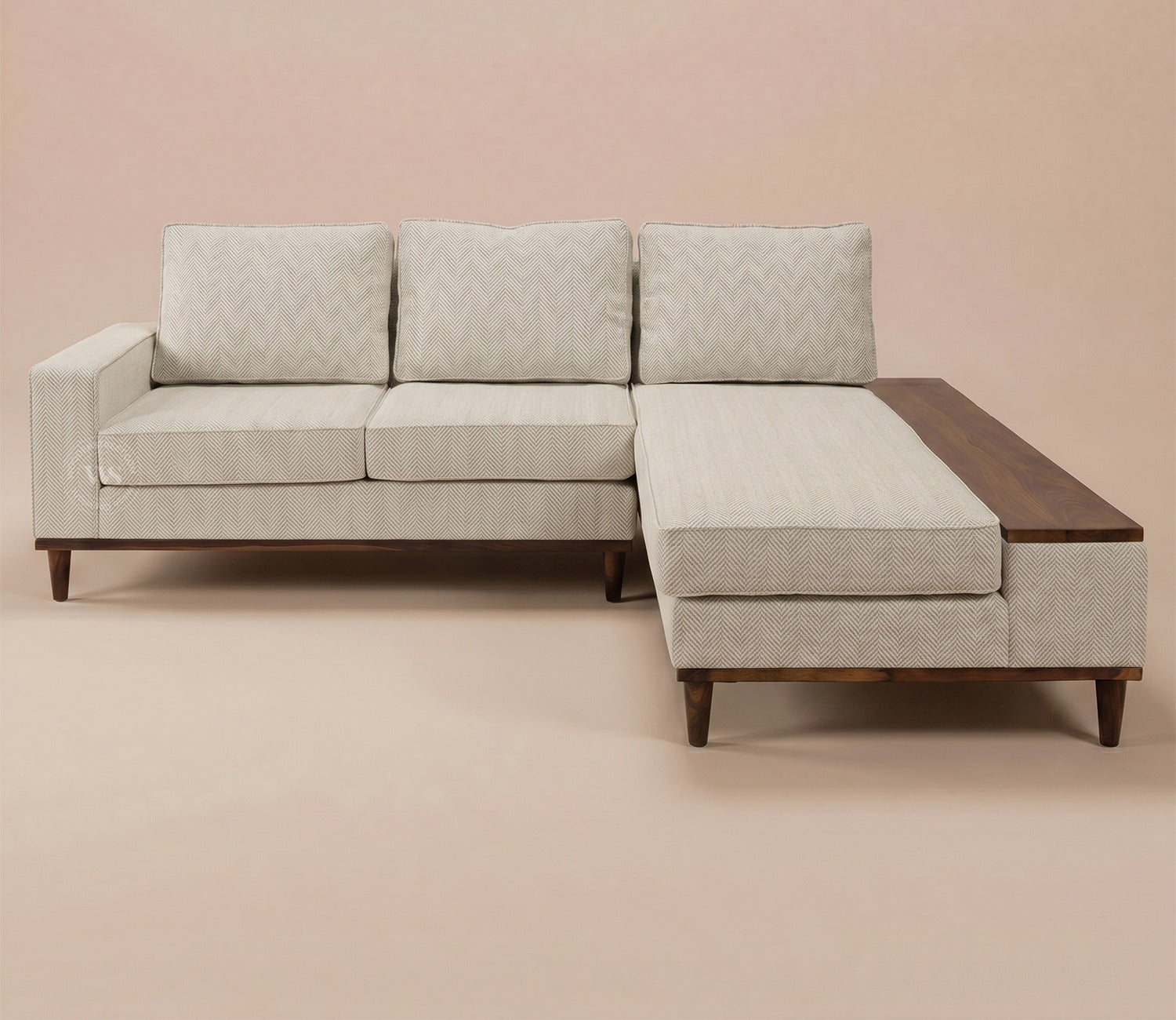 Ashion Premium Right Aligned L Shape Sofa with Built-in Side Wooden Deck (Cottage Ivory)