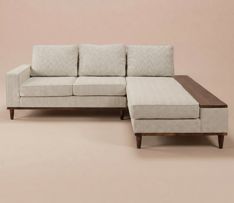 Ashion Premium Right Aligned L Shape Sofa with Built-in Side Wooden Deck (Cottage Ivory)
