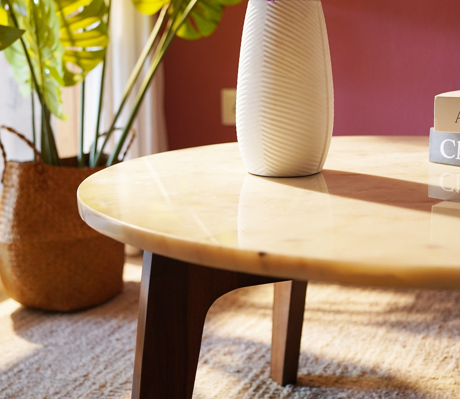 Siya Sheesham Wood Center Table with Marble Top (Teak Finish)