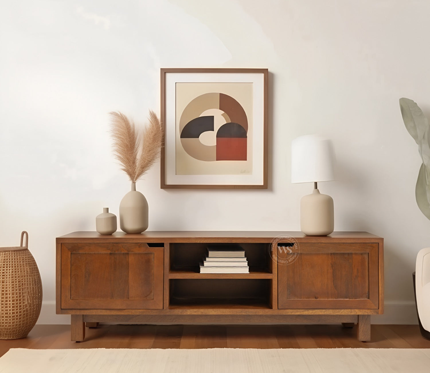 Vertex Mango Wood TV Unit with Inbuilt Cutout Handle Cabinets (Teak Finish)