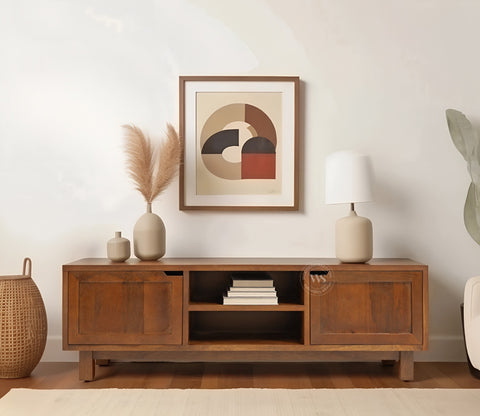 Vertex Mango Wood TV Unit with Inbuilt Cutout Handle Cabinets (Teak Finish)