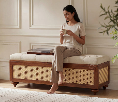 Rini Mango Wood Upholstered Bench with Cane Accent and Storage (Teak Finish, Cottage Ivory)