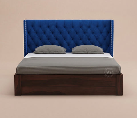 Drewno Sheesham Wood Upholstered Bed With Storage (Queen Size, Indigo Blue)