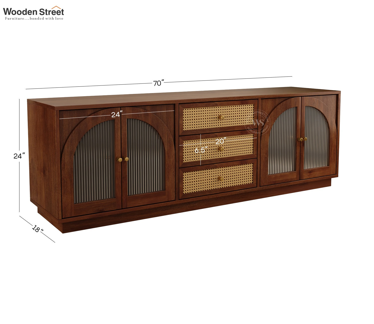 Windsor Premium Mango Wood TV Unit with Fluted Glass Panel Door Cabinets, Cane Detailing (Teak Finish)
