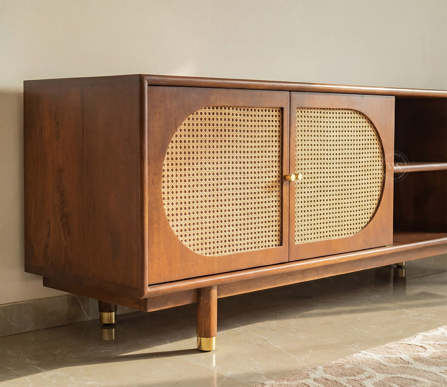 Gyana Premium Solid Wood TV Unit with Cane Panel Cabinet (Mango Wood, Teak Finish)