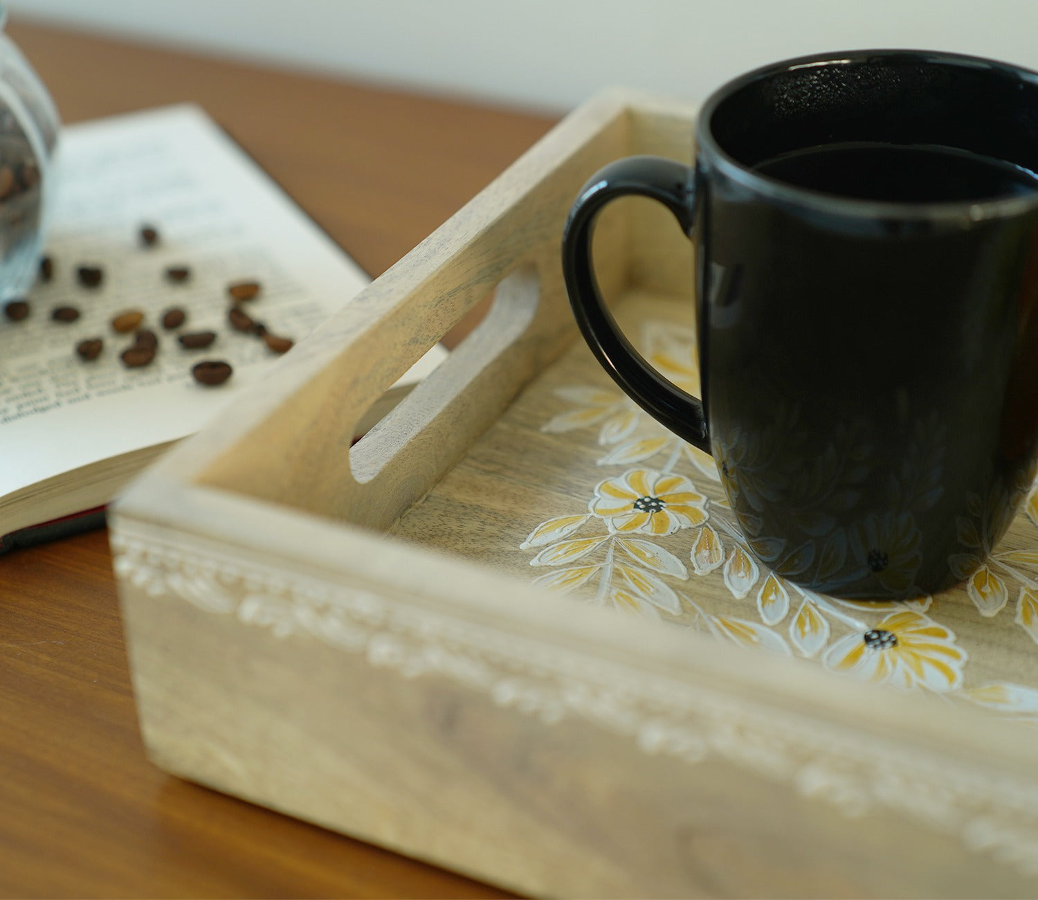 Adiva Floral Hand Painted Wooden Rectangle Serving Tray