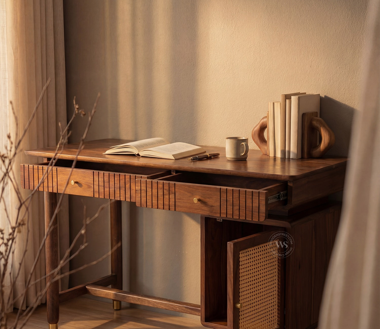 Kalam Modern Designer Sheesham Wood Study Table with Cane Accents & Drawer Storage (Teak Finish)