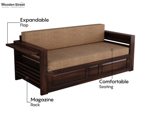 Feltro Sheesham Wood Sofa Bed With Storage (King Size, Walnut Beach Cream)