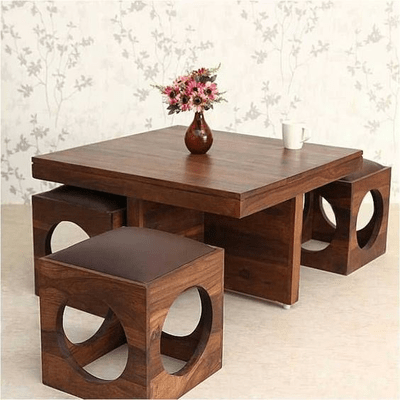 Trueliving Modern Wood Brown Table Stool (Table H 30 x W 34 x D 18 Stool H 18 x W 16 x D 14)