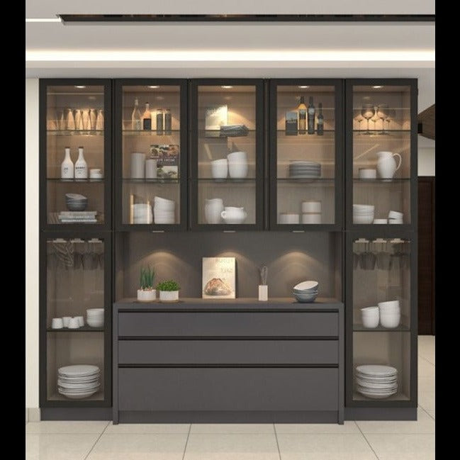 Trueliving Modern Dark Grey Crockery Cabinet 43.2D x 202.6W x 172.7H Centimeters