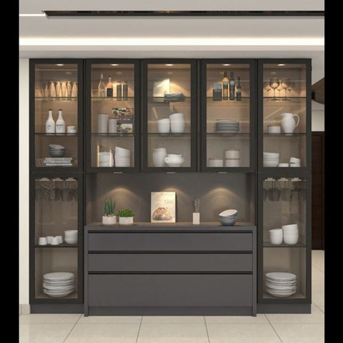 Trueliving Modern Dark Grey Crockery Cabinet 43.2D x 202.6W x 172.7H Centimeters