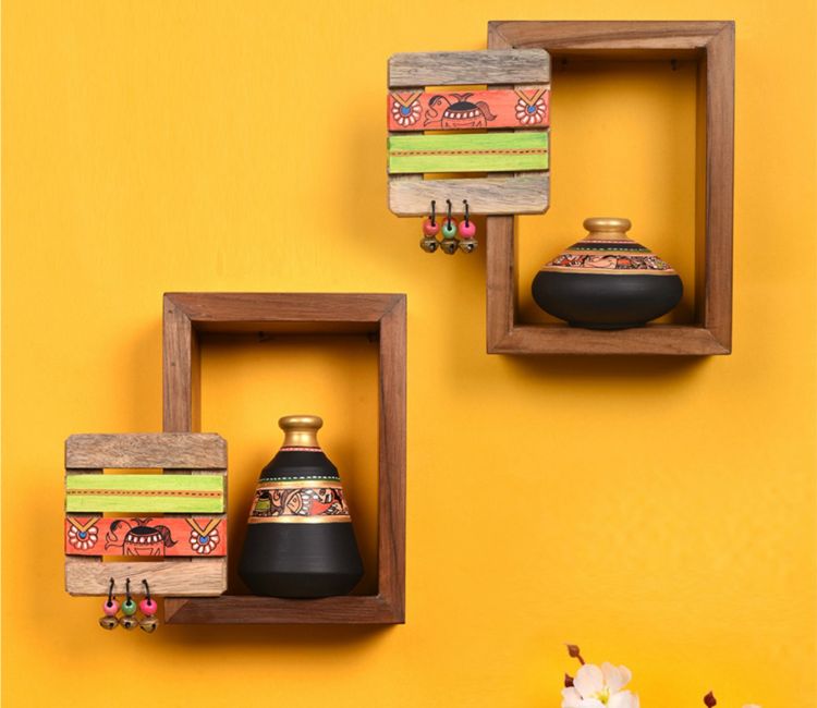 Black Colour Two Wooden Shelves With Two Madhubani Design Pots