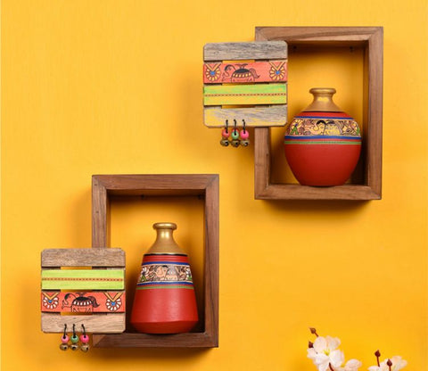 Red Colour Two Wooden Shelves With Two Madhubani Designer Pots