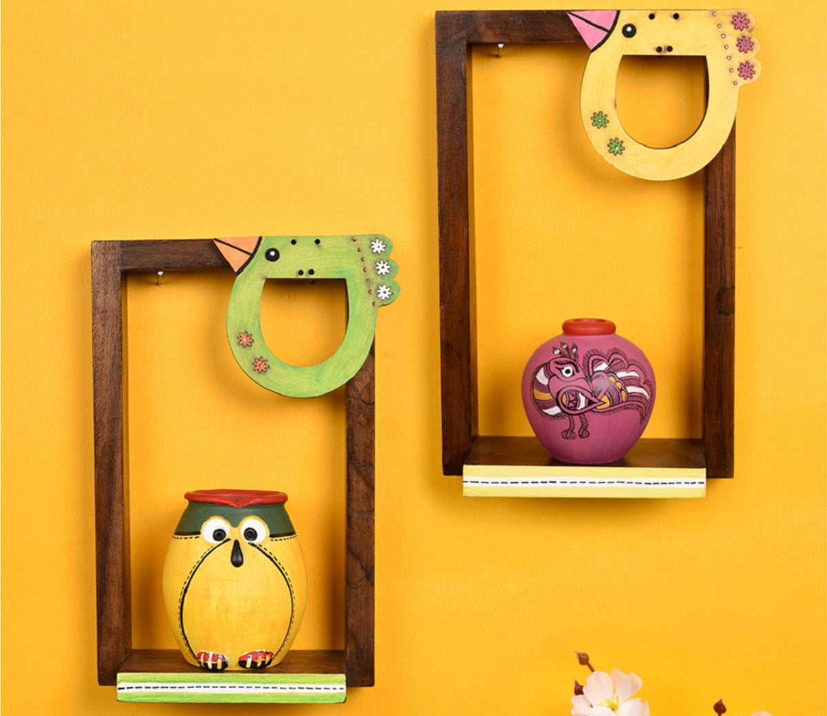 Brown Colour Two Wooden Shelves With Two Colored Madhubani Pots