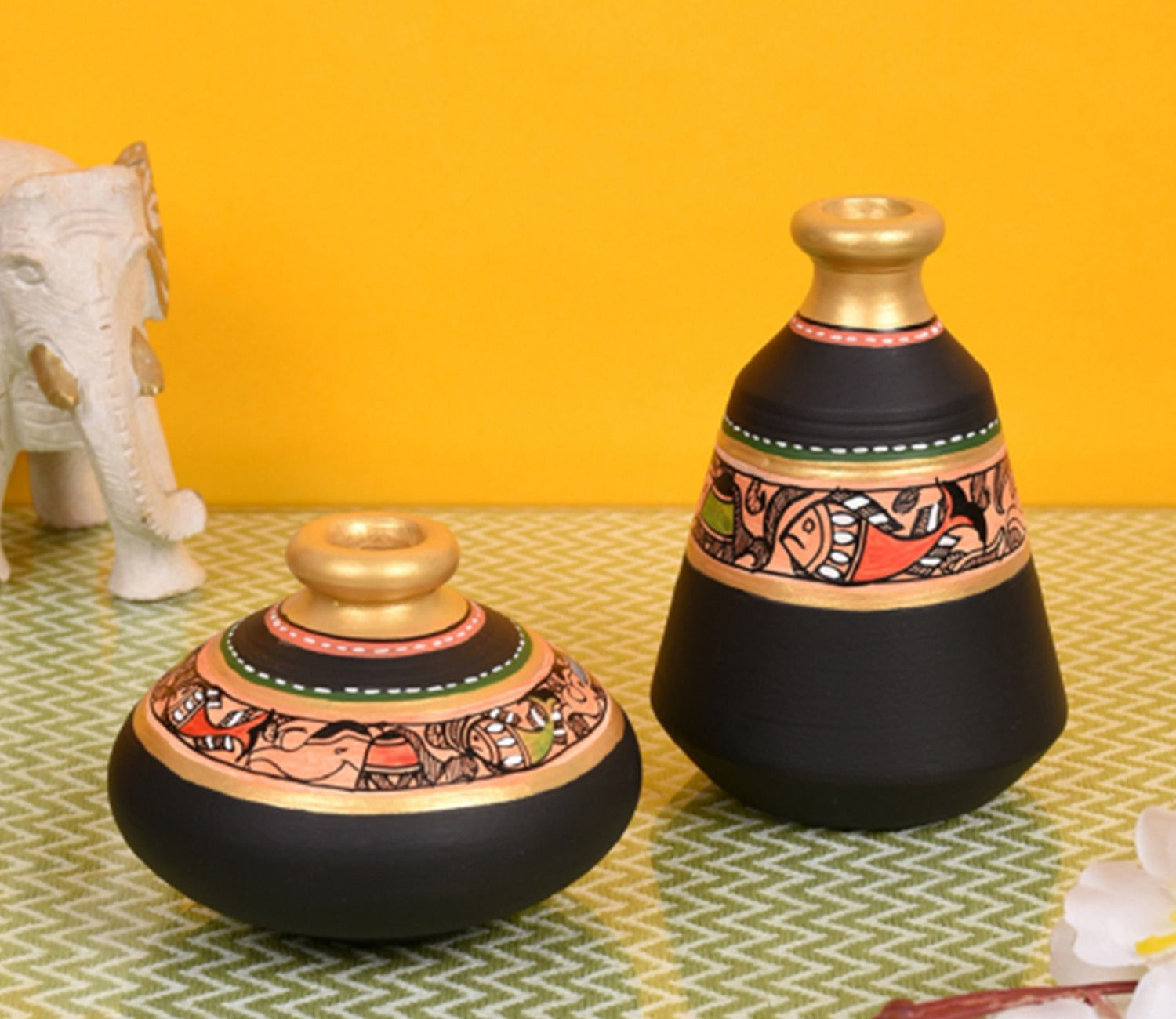 Black Colour Two Wooden Shelves With Two Madhubani Design Pots