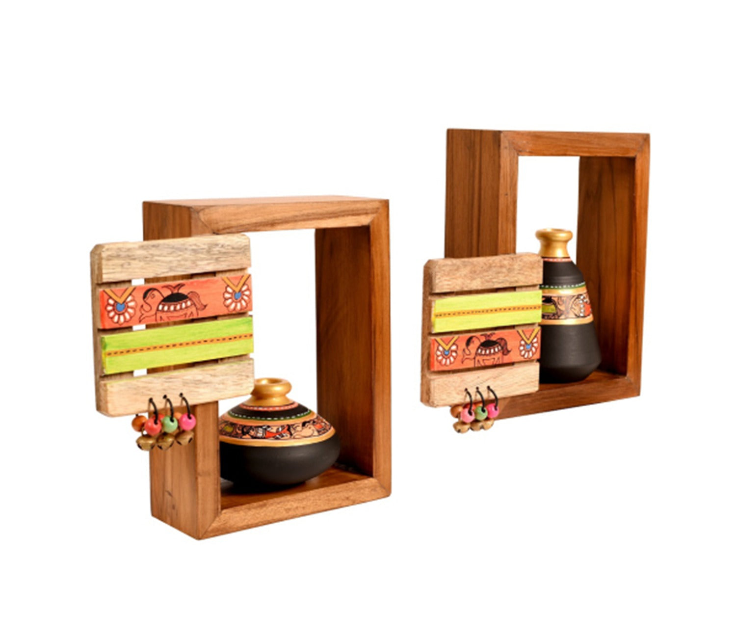Black Colour Two Wooden Shelves With Two Madhubani Design Pots
