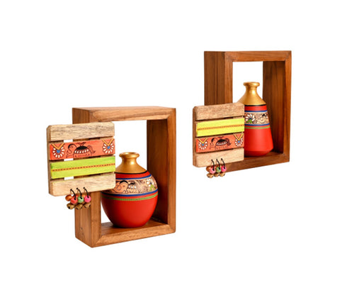Red Colour Two Wooden Shelves With Two Madhubani Designer Pots
