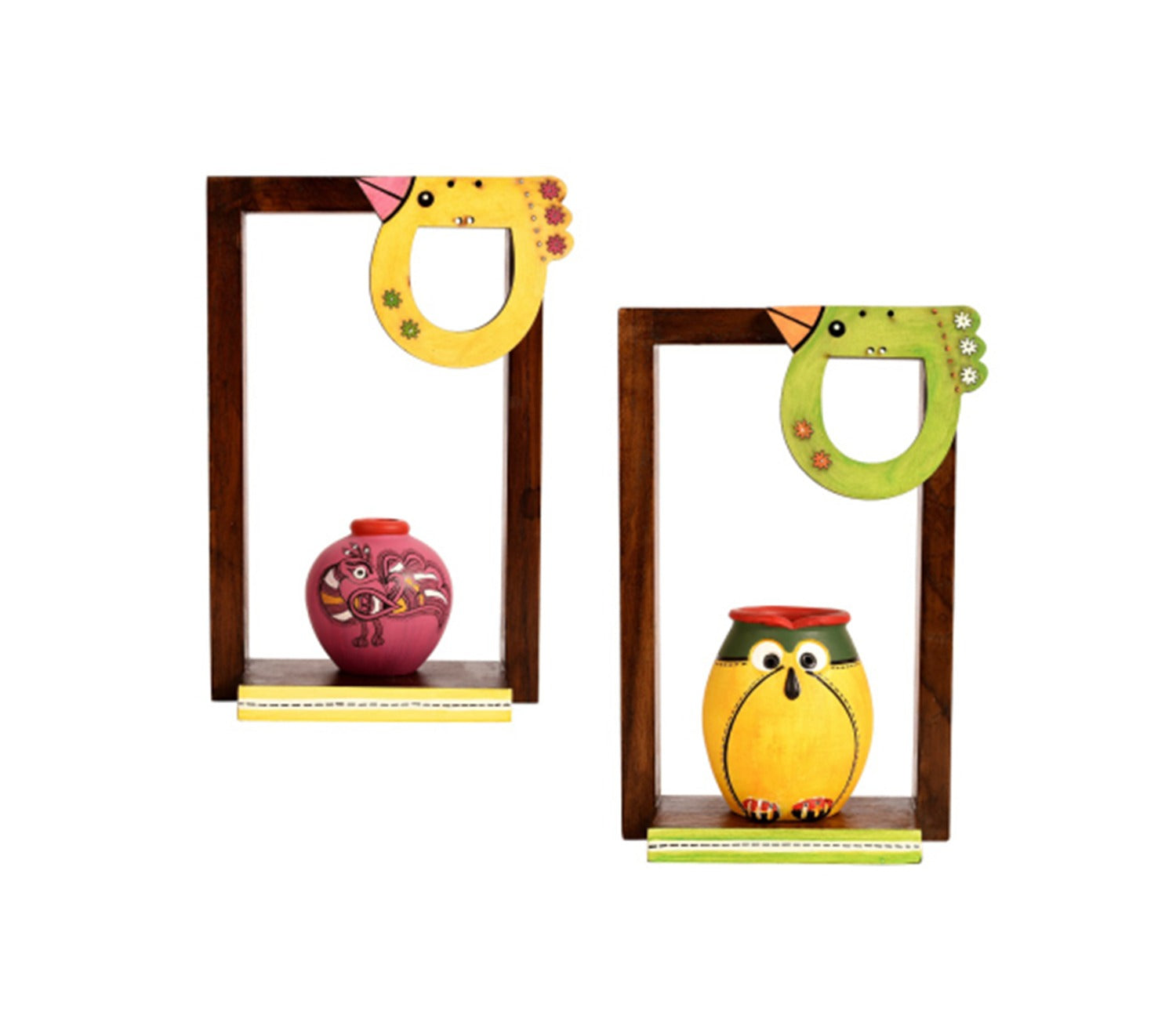 Brown Colour Two Wooden Shelves With Two Colored Madhubani Pots