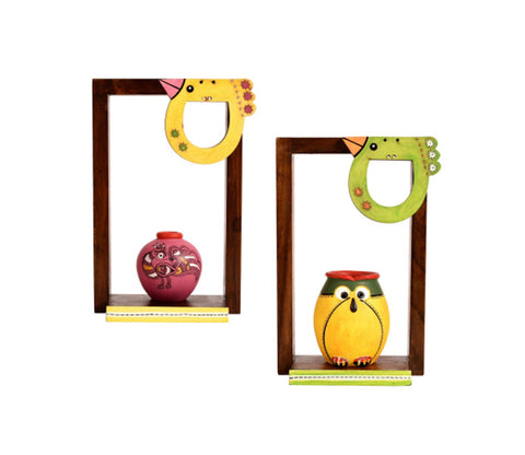 Brown Colour Two Wooden Shelves With Two Colored Madhubani Pots