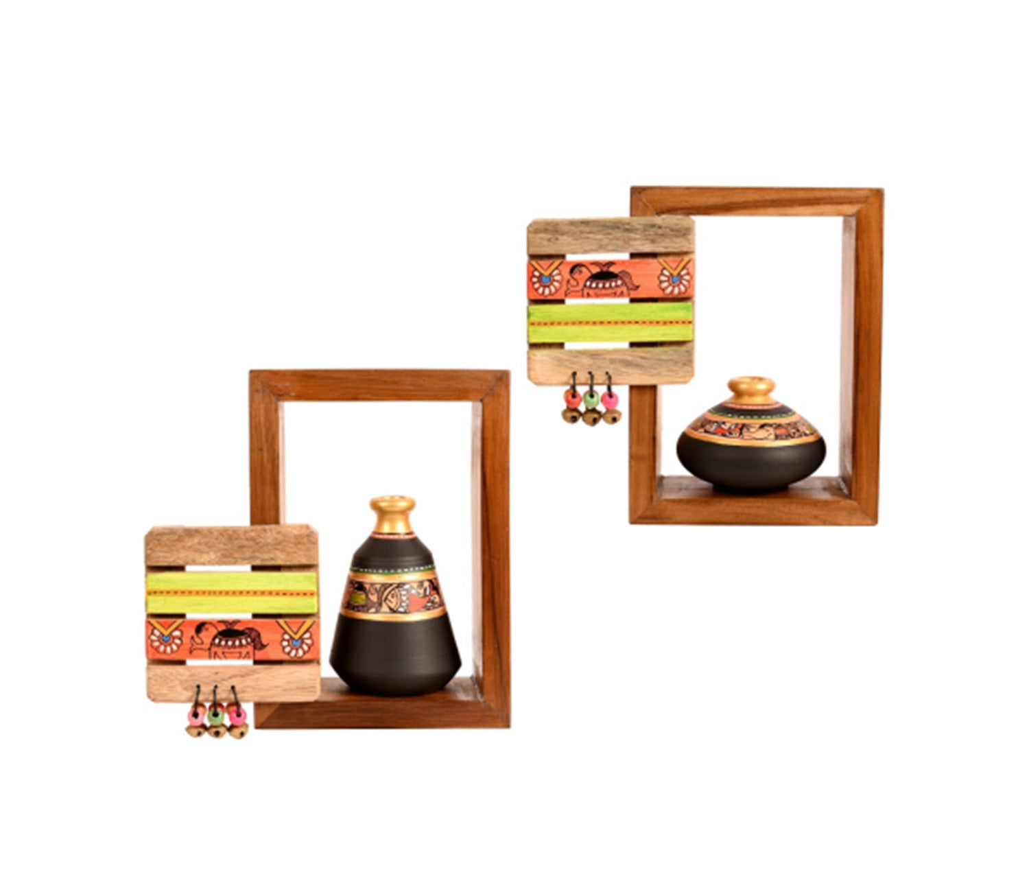 Black Colour Two Wooden Shelves With Two Madhubani Design Pots