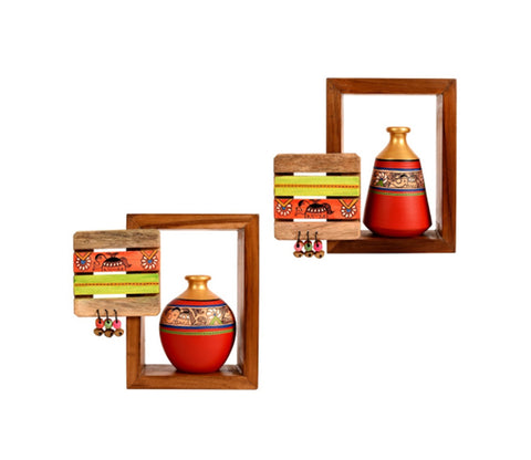 Red Colour Two Wooden Shelves With Two Madhubani Designer Pots