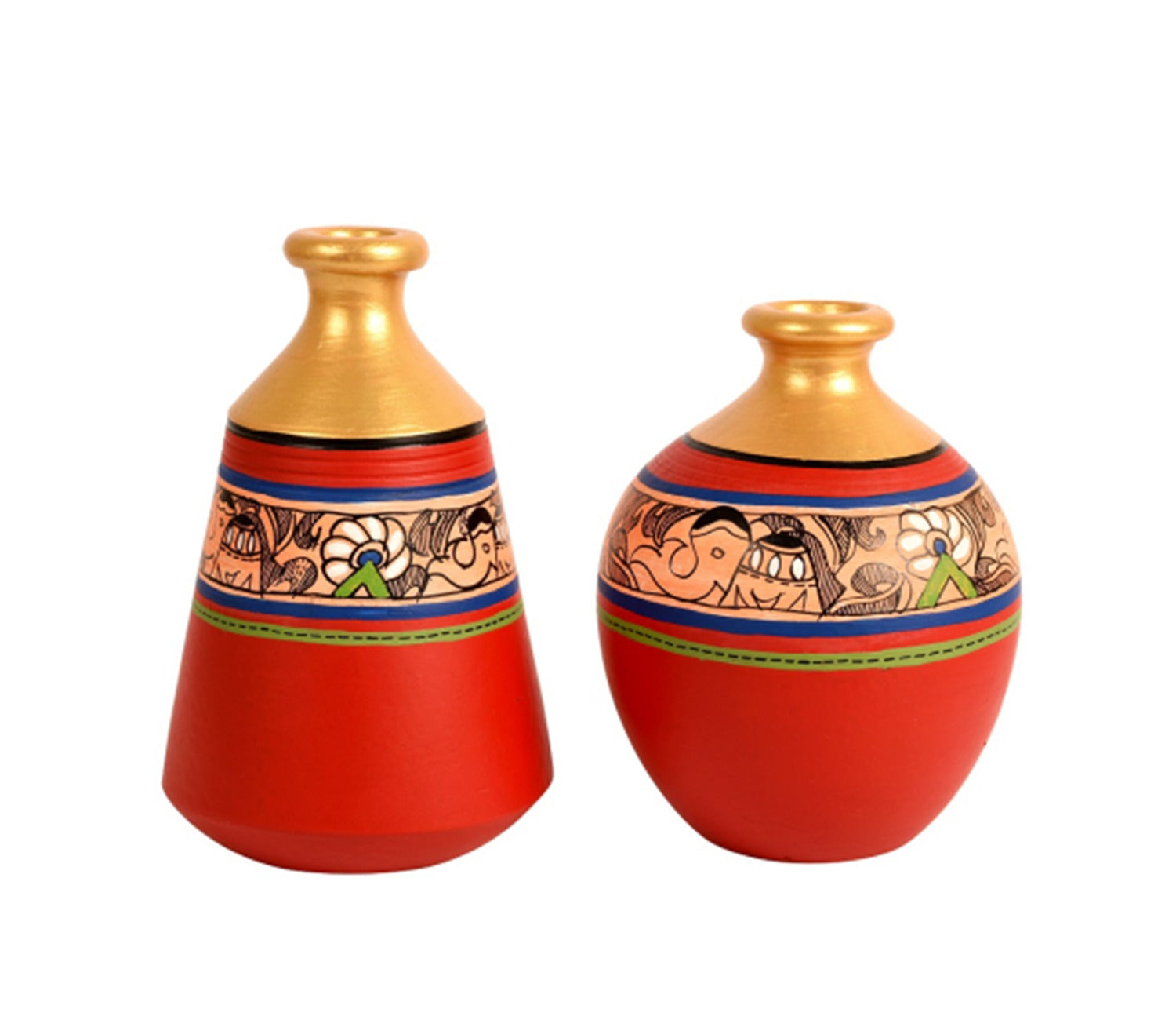 Red Colour Two Wooden Shelves With Two Madhubani Designer Pots