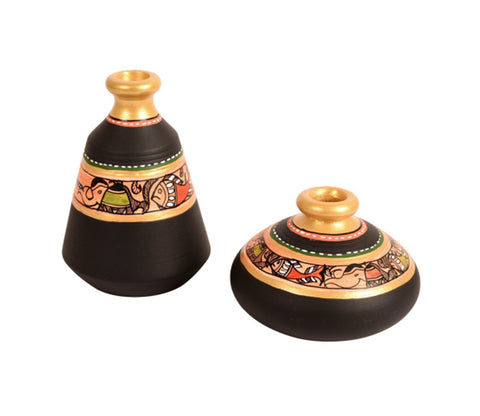 Black Colour Two Wooden Shelves With Two Madhubani Design Pots
