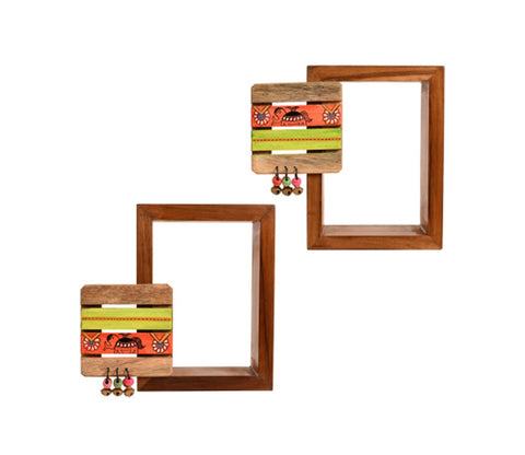 Red Colour Two Wooden Shelves With Two Madhubani Designer Pots