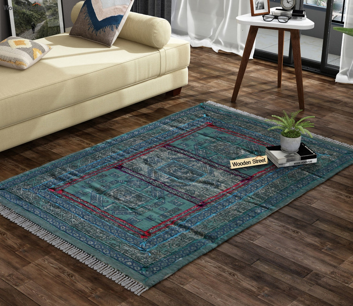 Faded Blues Cotton Embroidery Print Rug - 4 x 6 Feet