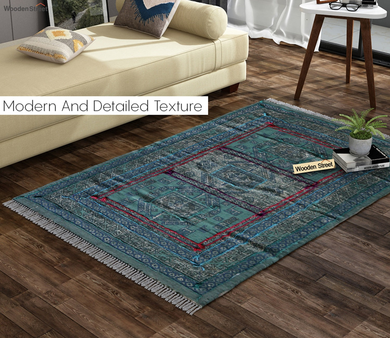 Faded Blues Cotton Embroidery Print Rug - 4 x 6 Feet