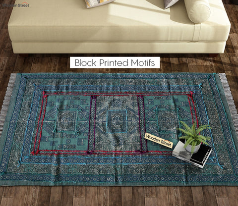 Faded Blues Cotton Embroidery Print Rug - 4 x 6 Feet