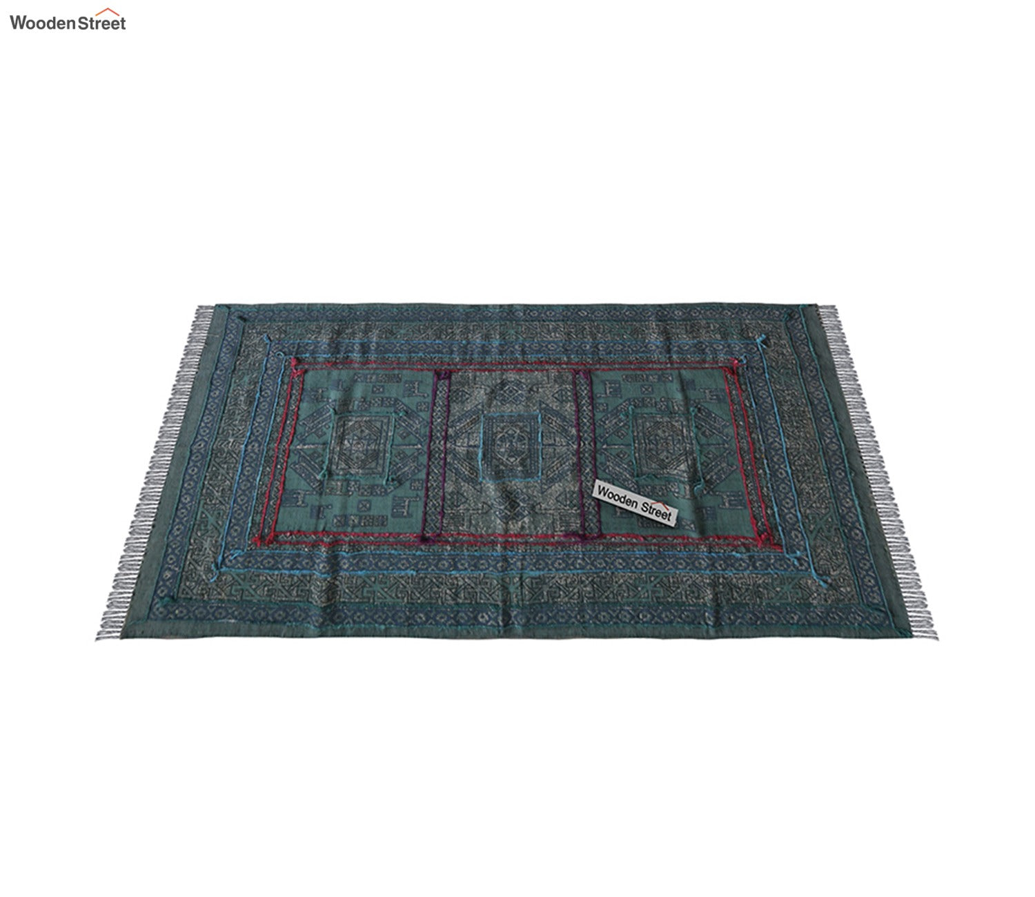 Faded Blues Cotton Embroidery Print Rug - 4 x 6 Feet