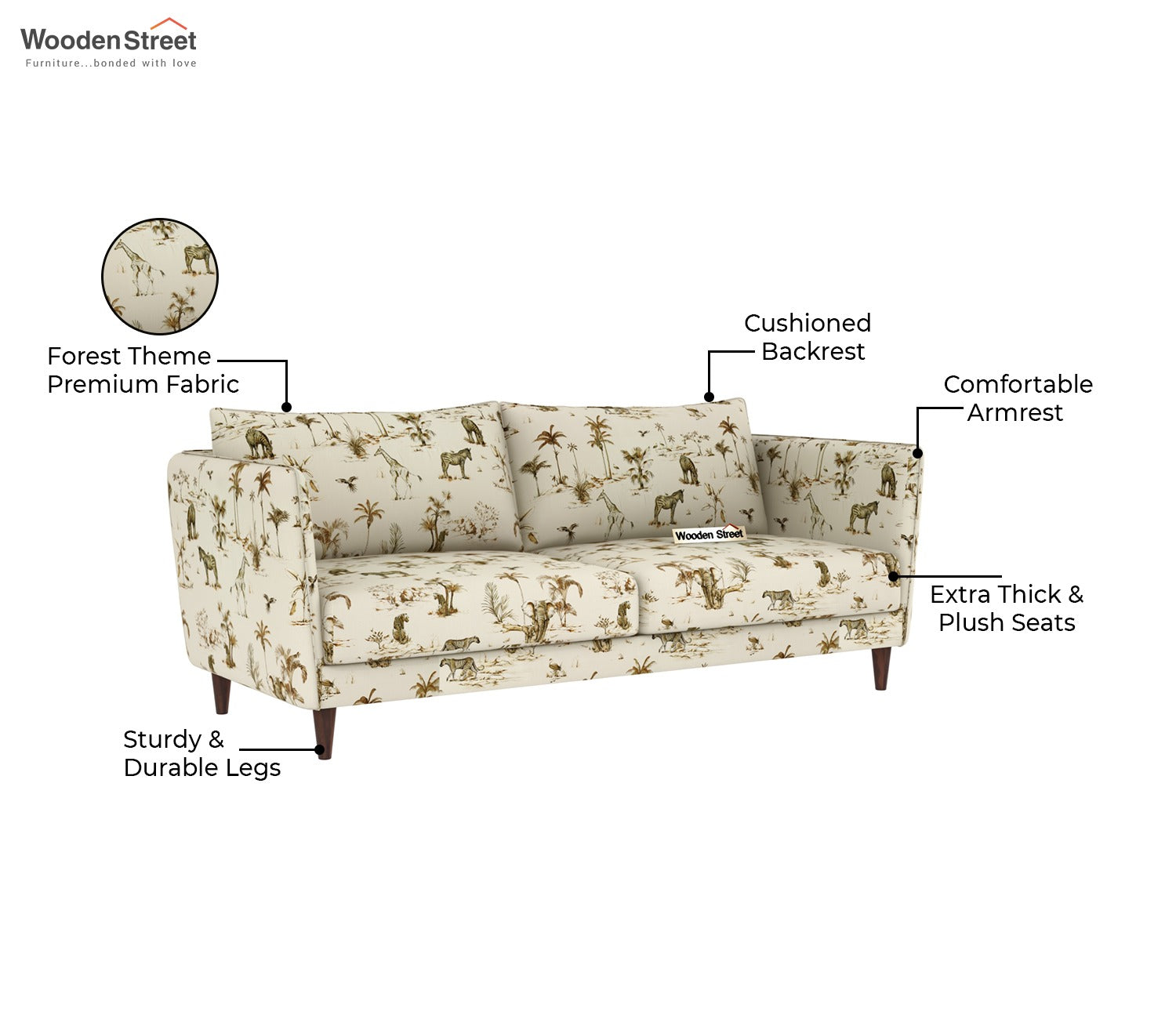 Oxford 3 Seater Fabric Sofa (Cotton, Cream Forest)