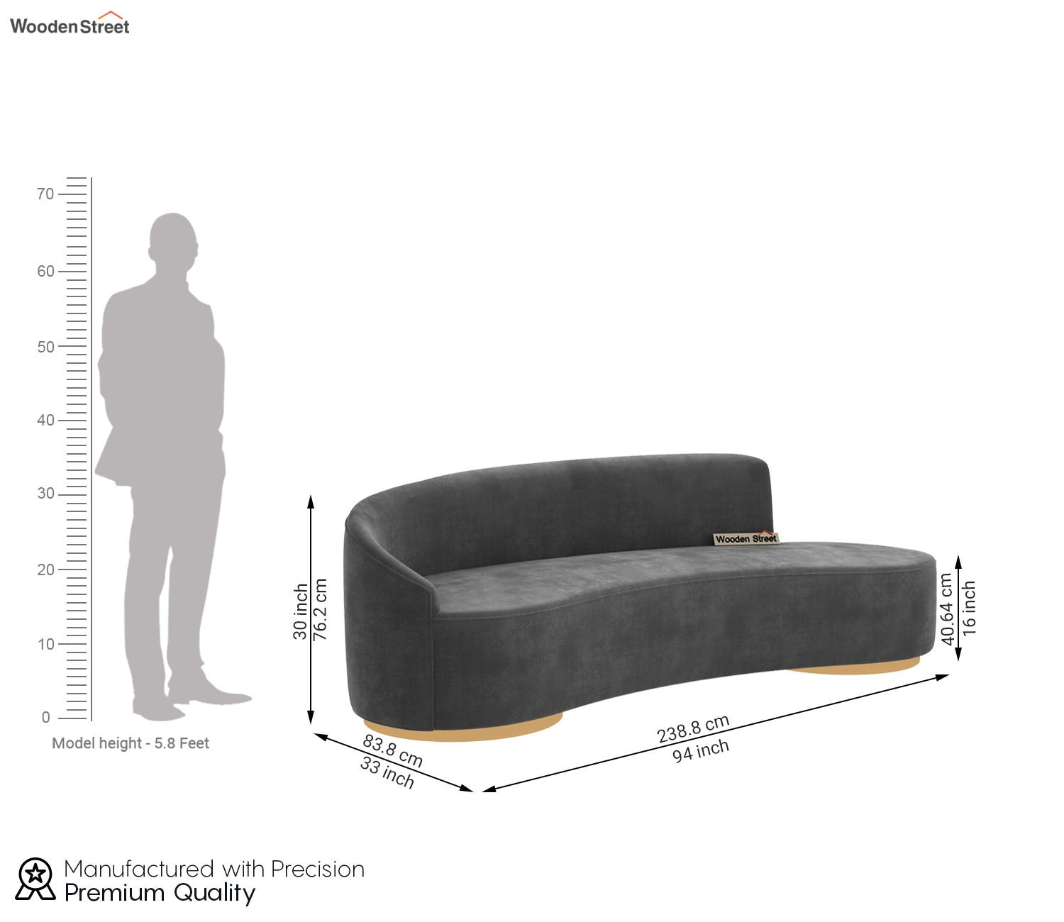 Osbert 3 Seater Curved Sofa (Velvet, Graphite Grey)
