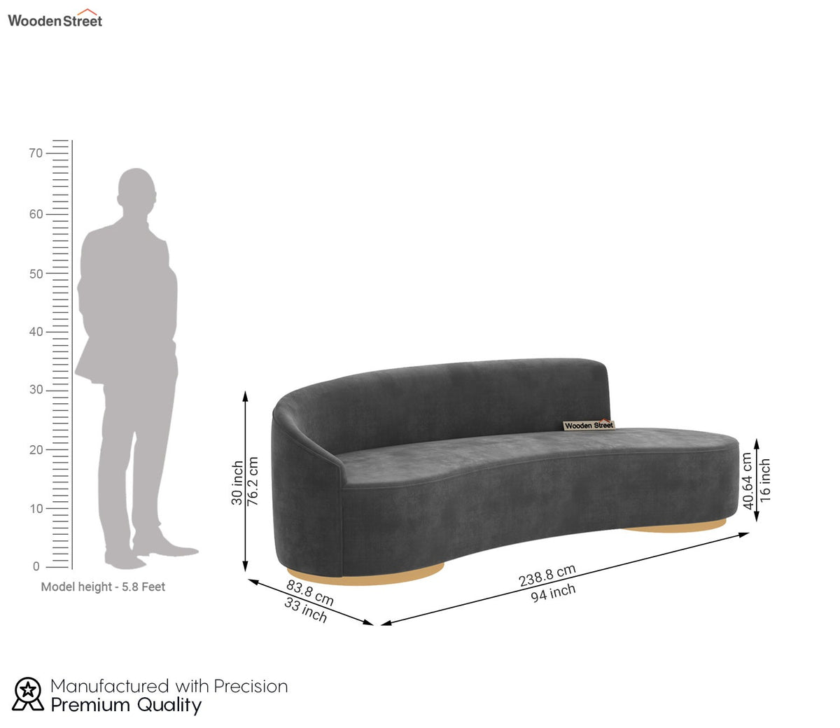 Osbert 3 Seater Curved Sofa (Velvet, Graphite Grey)