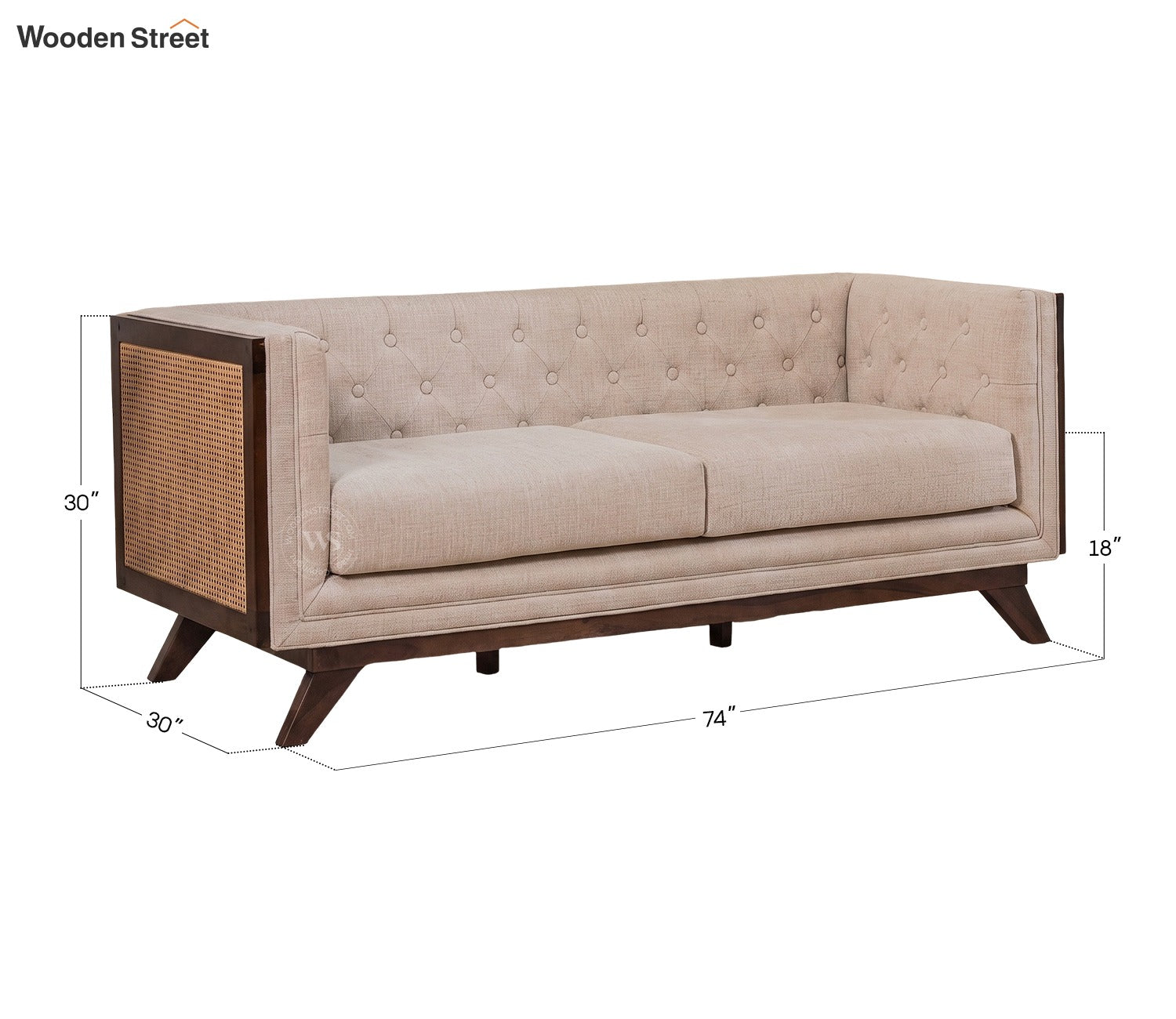 Samvaad 3 Seater Sofa with Cane Accents (Cotton, Jade Ivory)