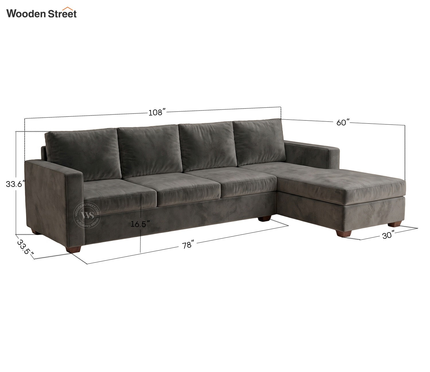 Albus L-Shape 5 Seater Right Aligned Sofa (Velvet, Graphite Grey)