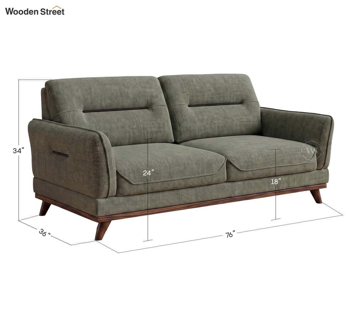Alvaro 3 Seater Fabric Sofa with Wooden Accents (Cotton, Sage Green)