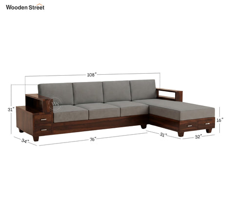 Solace L-Shape Right Aligned 4 Seater Sheesham Wood Sofa (Walnut Finish, Warm Grey)