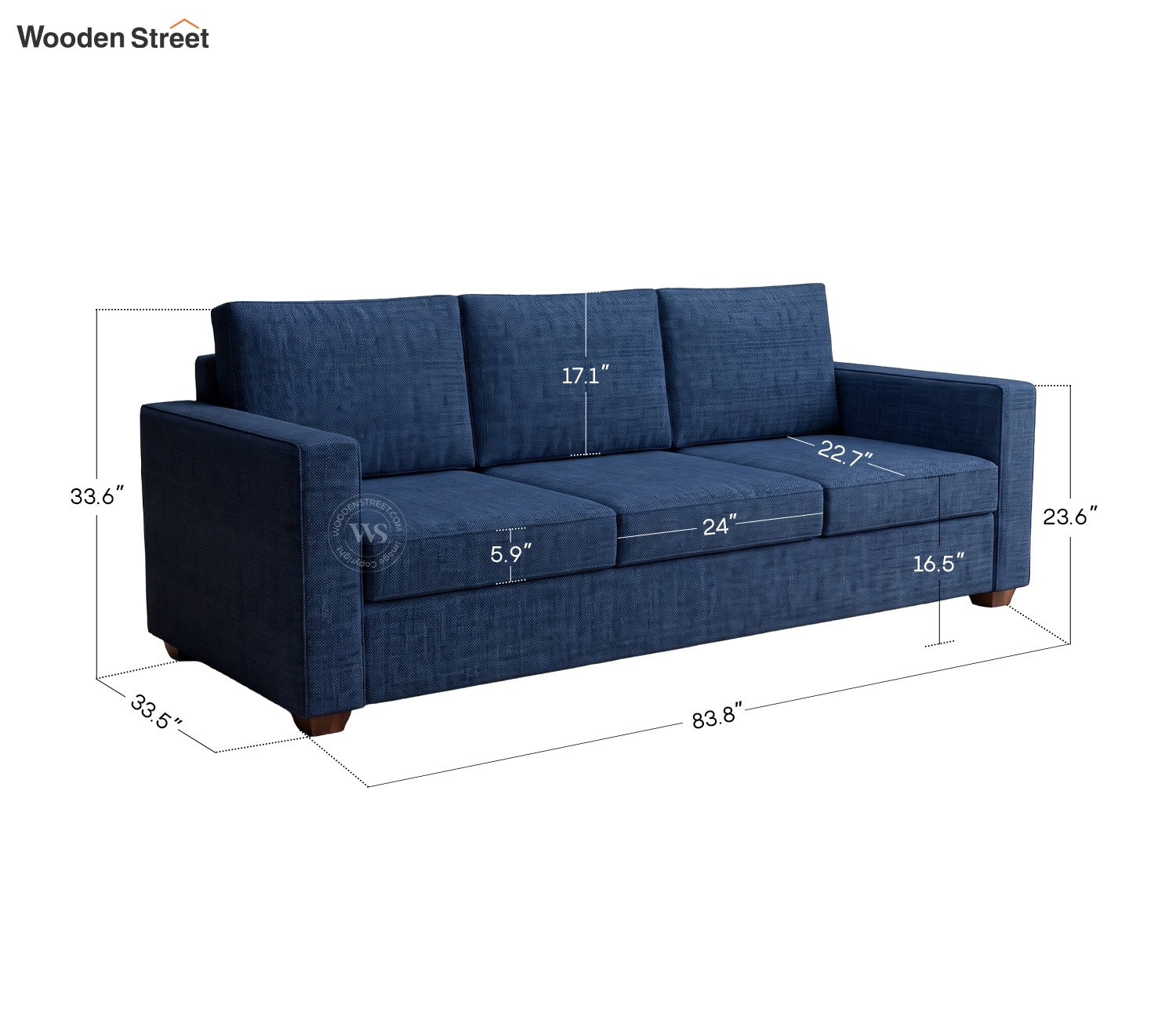 Albus 3 Seater Fabric Sofa (Cotton, Iris Blue)