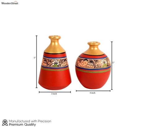 Red Colour Two Wooden Shelves With Two Madhubani Designer Pots
