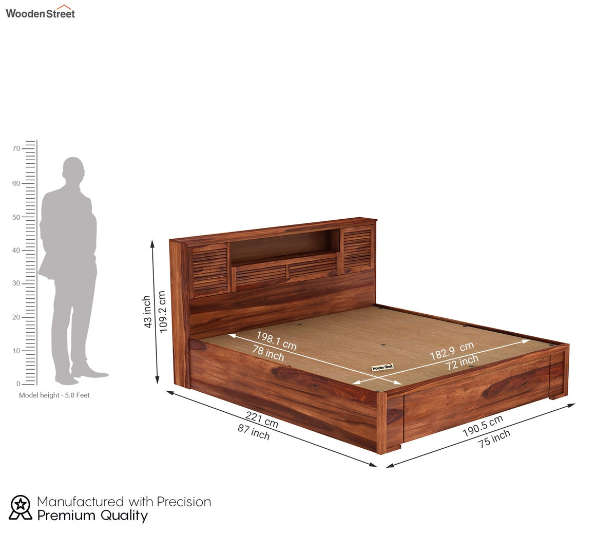 Ferguson Sheesham Wood Hydraulic Bed With Storage (King Size, Honey Finish)
