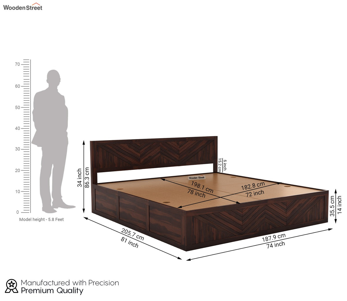 Fidora Sheesham Wood Bed With Box Storage (King Size, Walnut Finish)